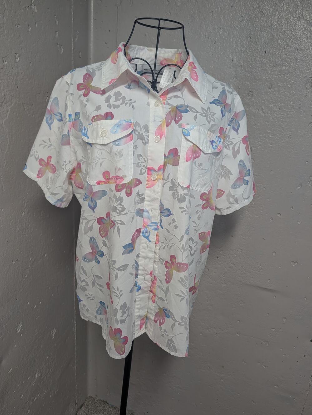 Alfred Dunner Whimsical Butterfly Semi Sheer Floral Button Front Shirt Blouse